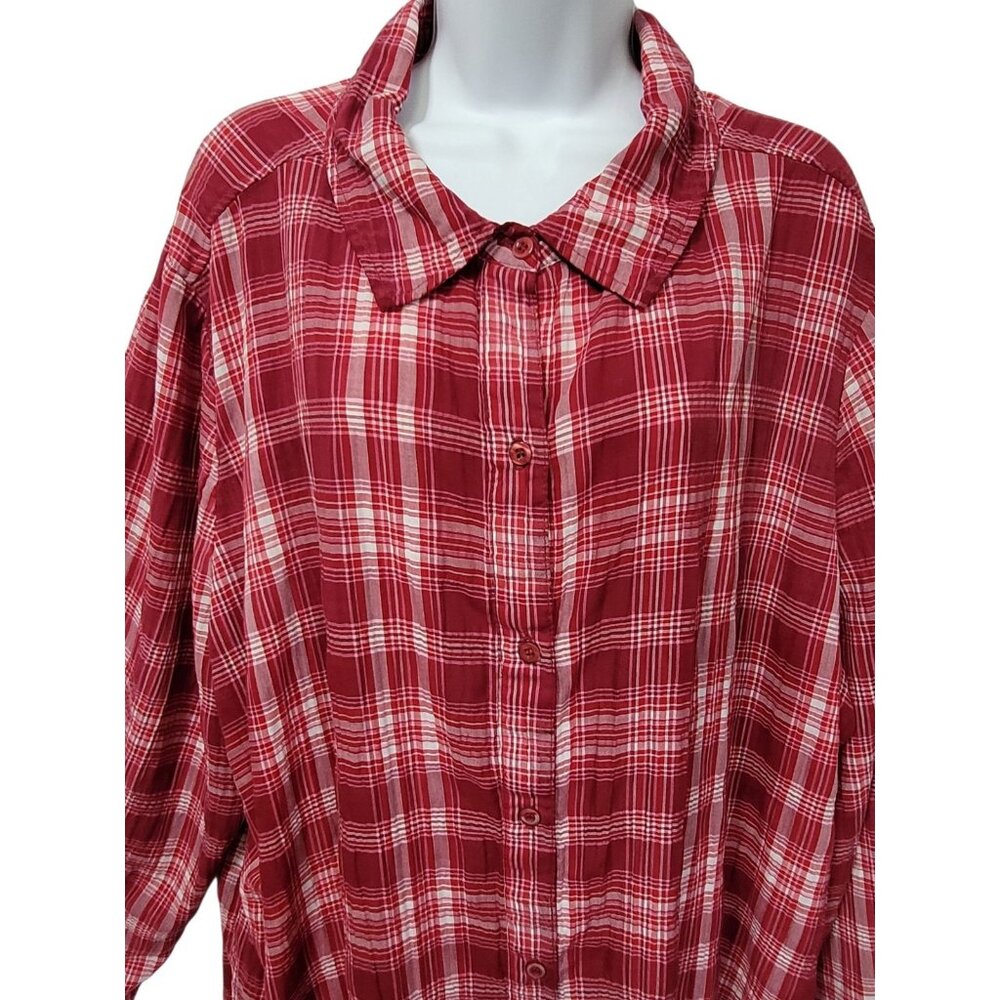 Just My Size 4X Burgundy Red Plaid Button-Up Collared Long Sleeve Shirt Top